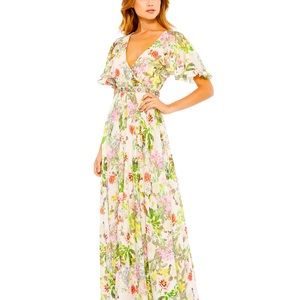 Mac Duggal floral print flutter sleeve maxi dress